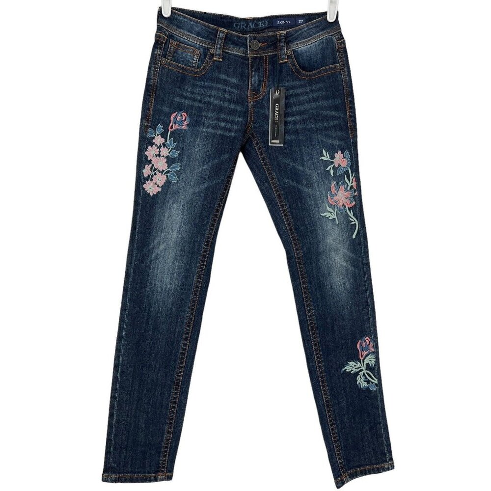 Grace in LA Dark Blue Skinny Jeans with Floral Embroidery